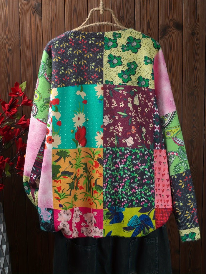 Plus Size Floral Pattern Knitted Cardigan, Casual Button Front Long Sleeve Cardigan With Pockets For Fall & Winter, Women's Plus Size Clothing