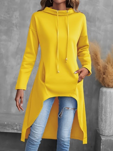 Vibrant Solid Color Hi-Lo Hoodie - Fashion Hoodies for Women - Soft, Casual, Long Sleeve Drawstring Sweatshirt with Adjustable Hem and Kangaroo Pocket - Perfect for Daily Wear and Outdoor Activities