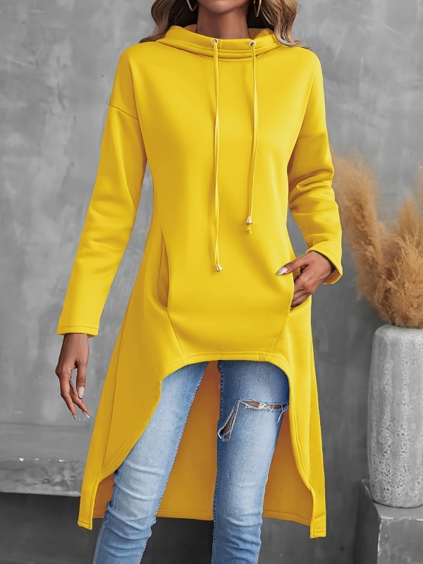 Vibrant Solid Color Hi-Lo Hoodie - Fashion Hoodies for Women - Soft, Casual, Long Sleeve Drawstring Sweatshirt with Adjustable Hem and Kangaroo Pocket - Perfect for Daily Wear and Outdoor Activities
