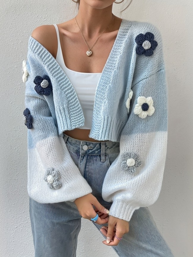 3D Floral Pattern Open Front Cardigans, Casual Color Block Drop Shoulder Long Sleeve Knitted Cardigans Top For Spring & Fall, Women's Clothing