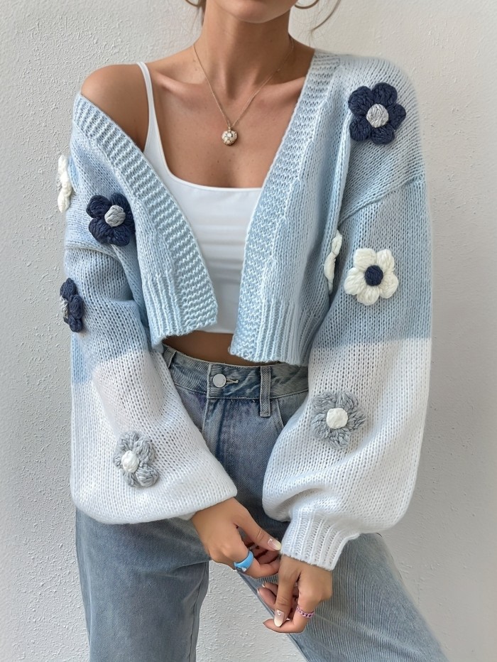 3D Floral Pattern Open Front Cardigans, Casual Color Block Drop Shoulder Long Sleeve Knitted Cardigans Top For Spring & Fall, Women's Clothing