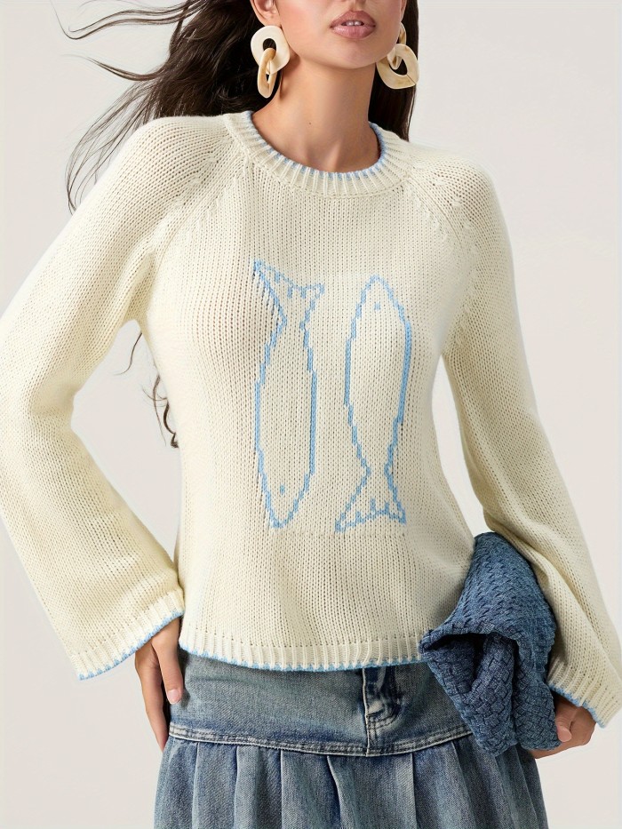 Women Knit Sweater Long Sleeve Crew Neck Fish Contrast Color Pullover Warm Sweater for Fall Winter