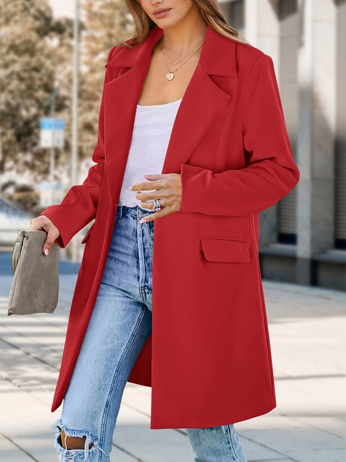 Solid Color Open Front Blazer, Elegant Lapel Neck Long Sleeve Loose Long Length Blazer For Spring & Fall, Women's Clothing