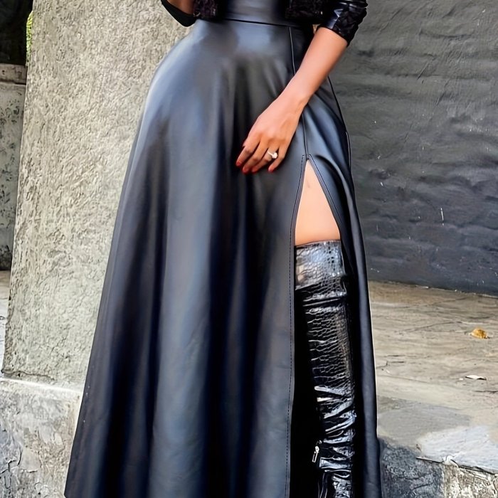 Elegant & Chic High-Waist PU Leather Skirt with Comfortable Side Slit - Durable, Perfect Fit for All Seasons