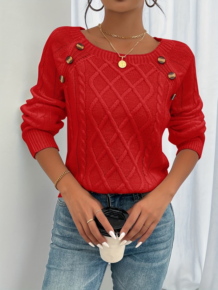 Cozy Long Sleeve Raglan Cable Knit Sweater - Soft Mid-Elastic Acrylic Fabric, Square Neck, Button Details, Regular Length, Solid Color, Perfect for Fall\u002FWinter - Casual Womens Knitwear for Everyday Wear