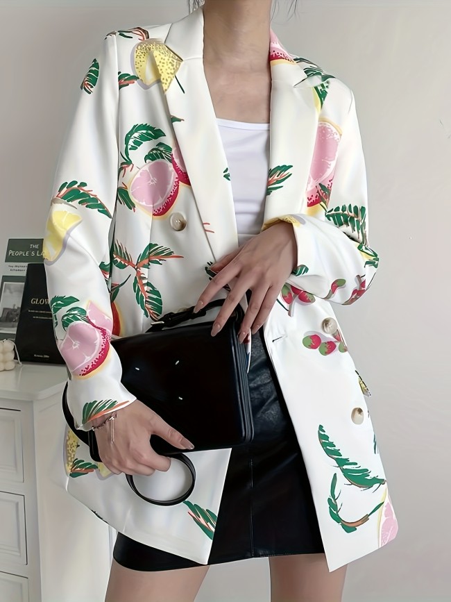 Fruit Print Button Front Blazer, Casual Long Sleeve Lapel Blazer For Spring & Fall, Women's Clothing