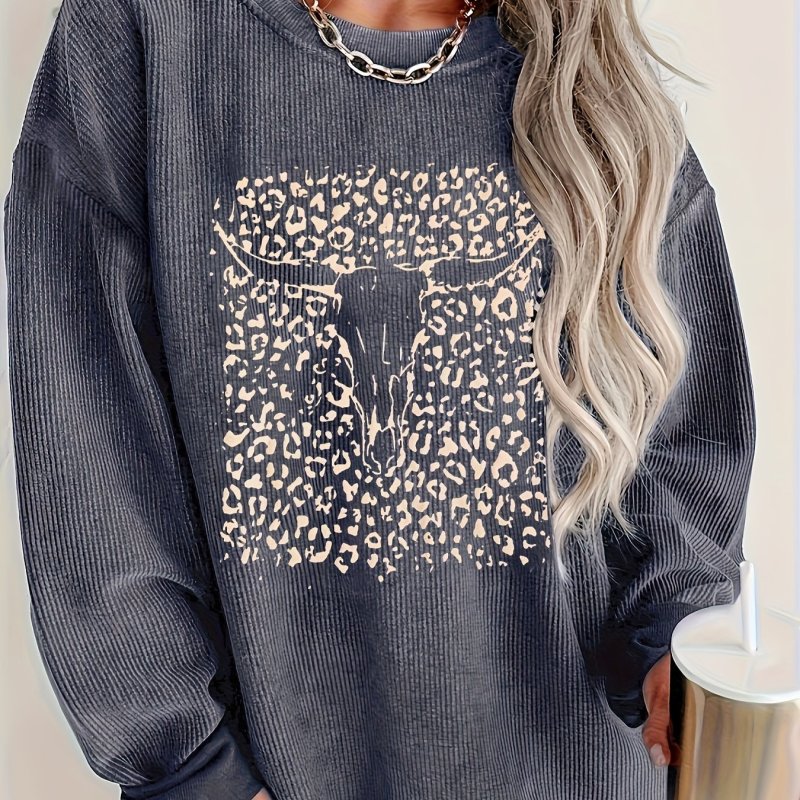 Fashionable Womens Skull Print Corduroy Sweatshirt - Comfortable Crew Neck, Long Sleeve, Drop Shoulder Design - Soft & Durable, Casual Style for Everyday Wear