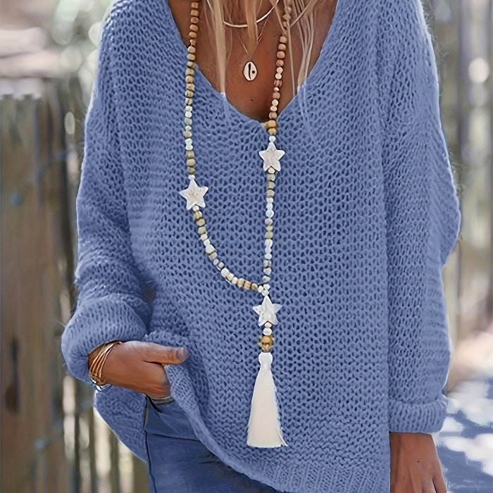 Chic V-Neck Knit Pullover - Cozy Long Sleeve for Spring & Autumn - Essential Womens Wear