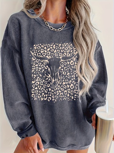 Fashionable Womens Skull Print Corduroy Sweatshirt - Comfortable Crew Neck, Long Sleeve, Drop Shoulder Design - Soft & Durable, Casual Style for Everyday Wear