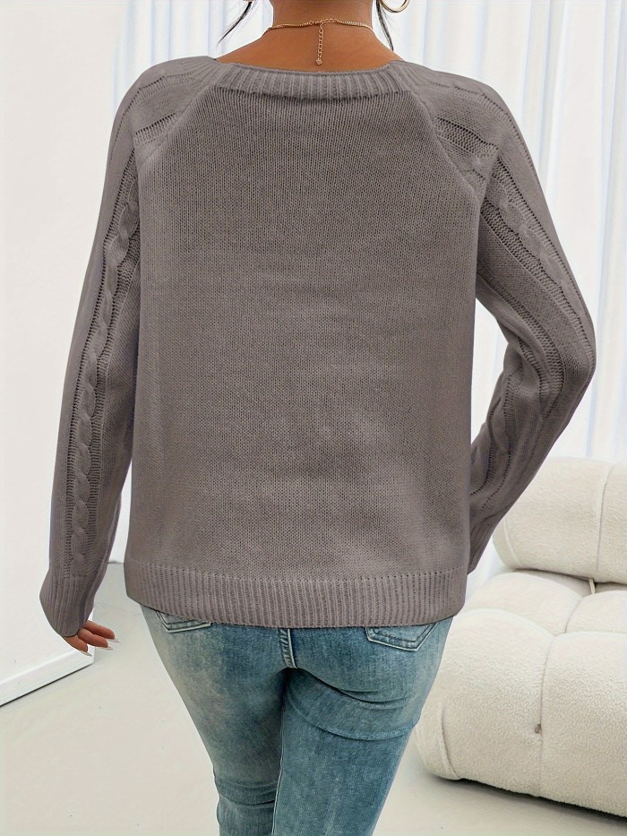 Cozy Long Sleeve Raglan Cable Knit Sweater - Soft Mid-Elastic Acrylic Fabric, Square Neck, Button Details, Regular Length, Solid Color, Perfect for Fall\u002FWinter - Casual Womens Knitwear for Everyday Wear