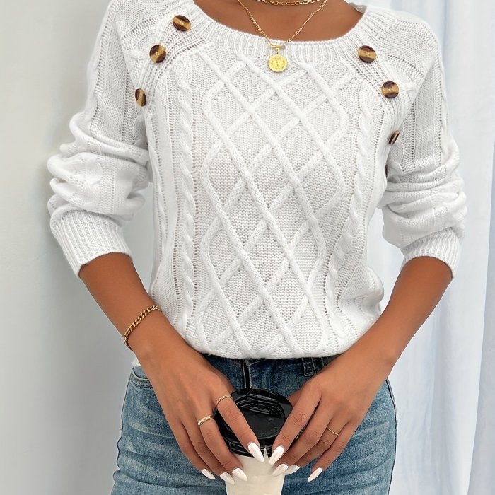 Cozy Long Sleeve Raglan Cable Knit Sweater - Soft Mid-Elastic Acrylic Fabric, Square Neck, Button Details, Regular Length, Solid Color, Perfect for Fall\u002FWinter - Casual Womens Knitwear for Everyday Wear