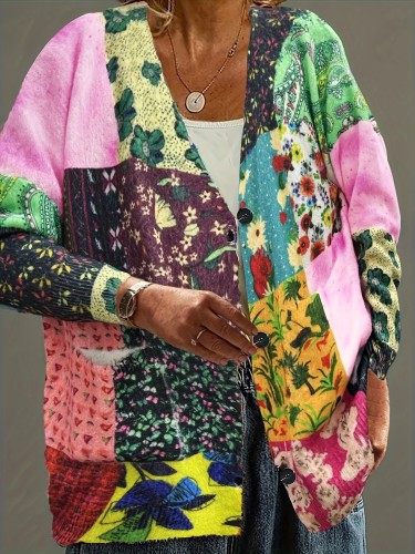 Plus Size Floral Pattern Knitted Cardigan, Casual Button Front Long Sleeve Cardigan With Pockets For Fall & Winter, Women's Plus Size Clothing