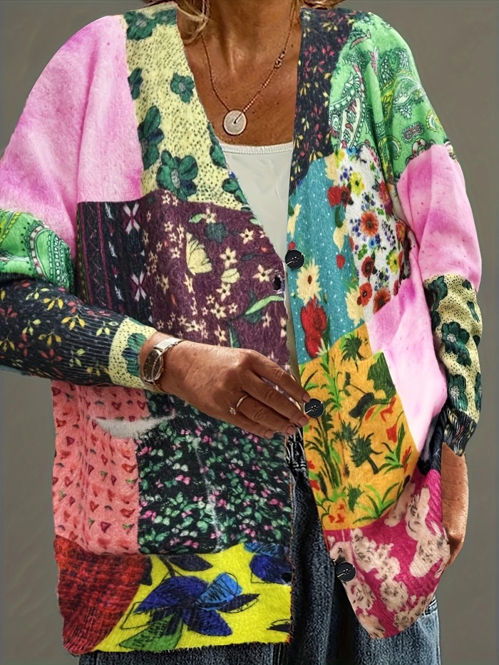 Plus Size Floral Pattern Knitted Cardigan, Casual Button Front Long Sleeve Cardigan With Pockets For Fall & Winter, Women's Plus Size Clothing