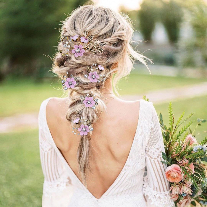 5 PCS Headpiece Golden Wedding Hair Accessories, Pearl Hair Clips, Bridal Flower Wedding Hair Pins, Jewelry with Rhinestone for Brides Bridesmaids Women, Christmas Halloween Wedding Gifts Romantic Lilac Purple