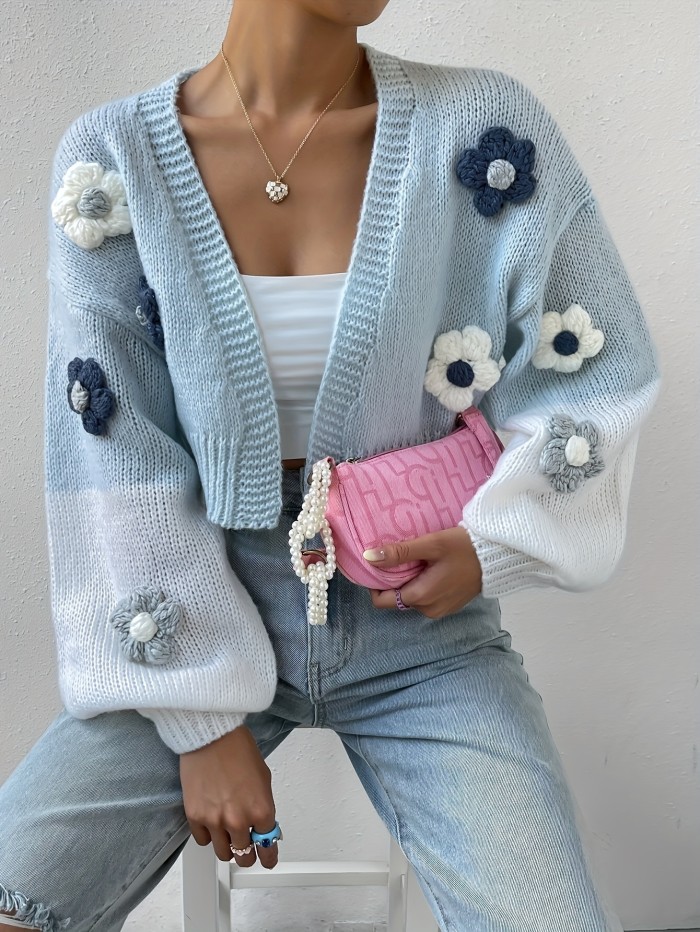 3D Floral Pattern Open Front Cardigans, Casual Color Block Drop Shoulder Long Sleeve Knitted Cardigans Top For Spring & Fall, Women's Clothing