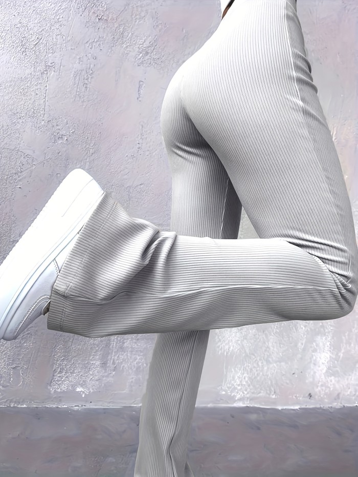 Solid Ribbed Flare Leg Pants, High Waist Slim Elastic Pants, Women's Clothing