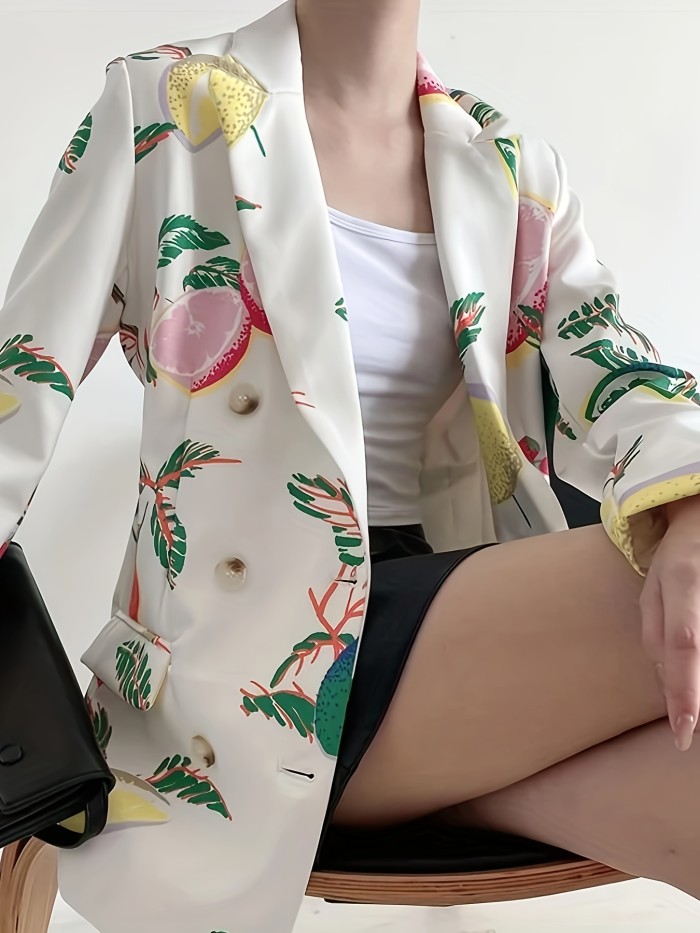 Fruit Print Button Front Blazer, Casual Long Sleeve Lapel Blazer For Spring & Fall, Women's Clothing