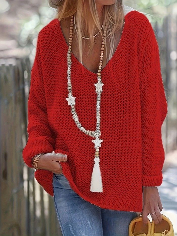 Chic V-Neck Knit Pullover - Cozy Long Sleeve for Spring & Autumn - Essential Womens Wear