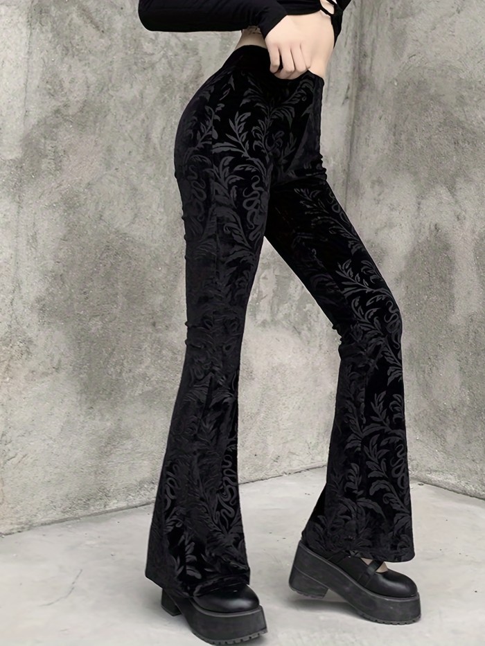 Gothic Floral Print High Waist Pants, Elegant Flare Leg Pants, Women's Clothing