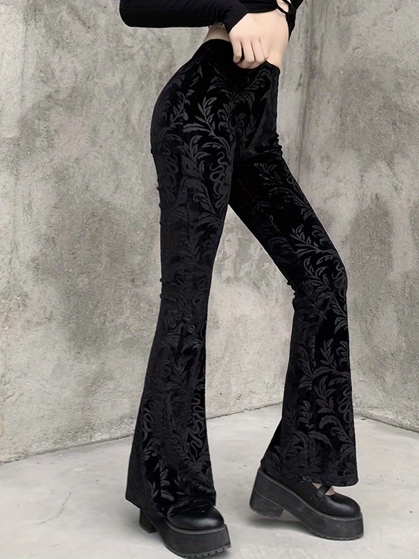 Gothic Floral Print High Waist Pants, Elegant Flare Leg Pants, Women's Clothing