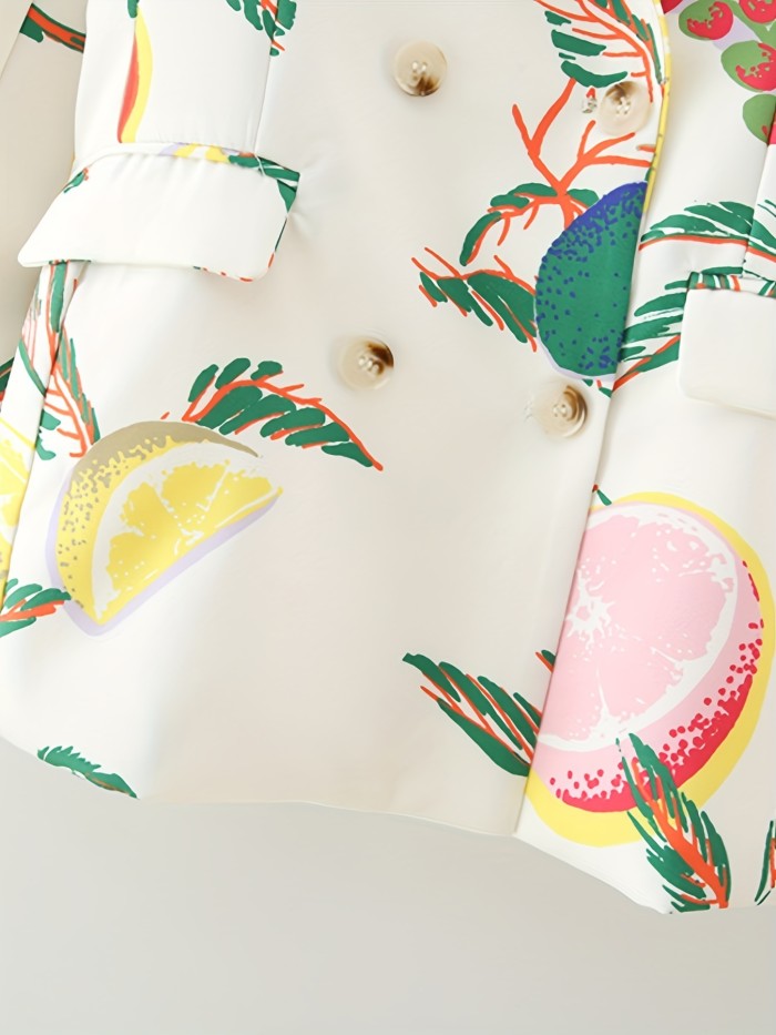 Fruit Print Button Front Blazer, Casual Long Sleeve Lapel Blazer For Spring & Fall, Women's Clothing