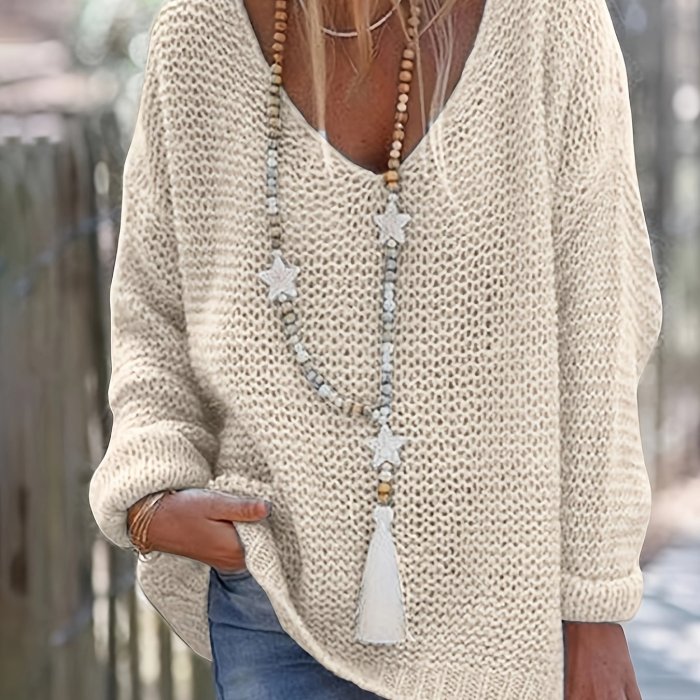 Chic V-Neck Knit Pullover - Cozy Long Sleeve for Spring & Autumn - Essential Womens Wear