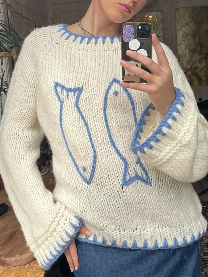 Women Knit Sweater Long Sleeve Crew Neck Fish Contrast Color Pullover Warm Sweater for Fall Winter