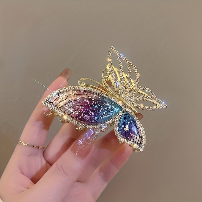 Elegant Bohemian Style Butterfly Hair Clip, Large Crystal Metal Shark Claw, Strong Back Hair Accessory, Single Piece, Colorful Print, Hair Grip Clamp for Hairstyling