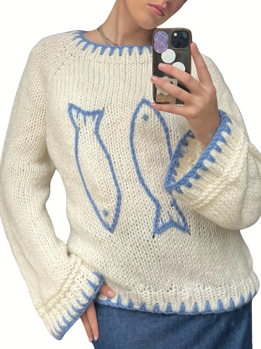 Women Knit Sweater Long Sleeve Crew Neck Fish Contrast Color Pullover Warm Sweater for Fall Winter
