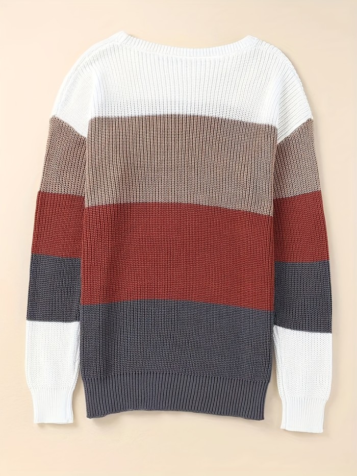 Vibrant Striped Knitwear Top - Soft Crew Neck Long Sleeve Pullover Sweater with Color Block Design, Relaxed Fit, and Cozy Fabric - Women's Casual Wear for Everyday Comfort