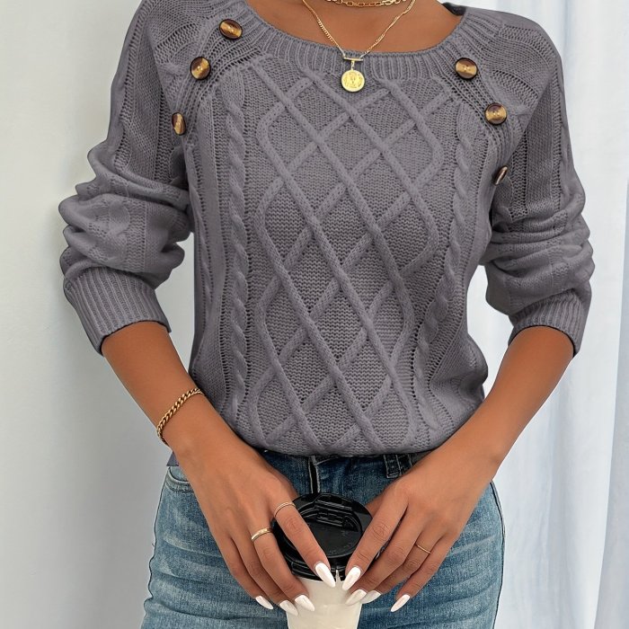 Cozy Long Sleeve Raglan Cable Knit Sweater - Soft Mid-Elastic Acrylic Fabric, Square Neck, Button Details, Regular Length, Solid Color, Perfect for Fall\u002FWinter - Casual Womens Knitwear for Everyday Wear