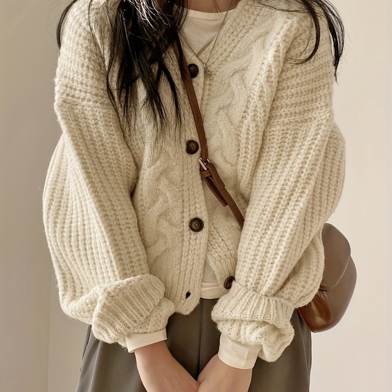 Valentine's Day Button Front Cardigan, Vintage Long Sleeve Chunky Knit Cardigan For Fall & Winter, Women's Clothing
