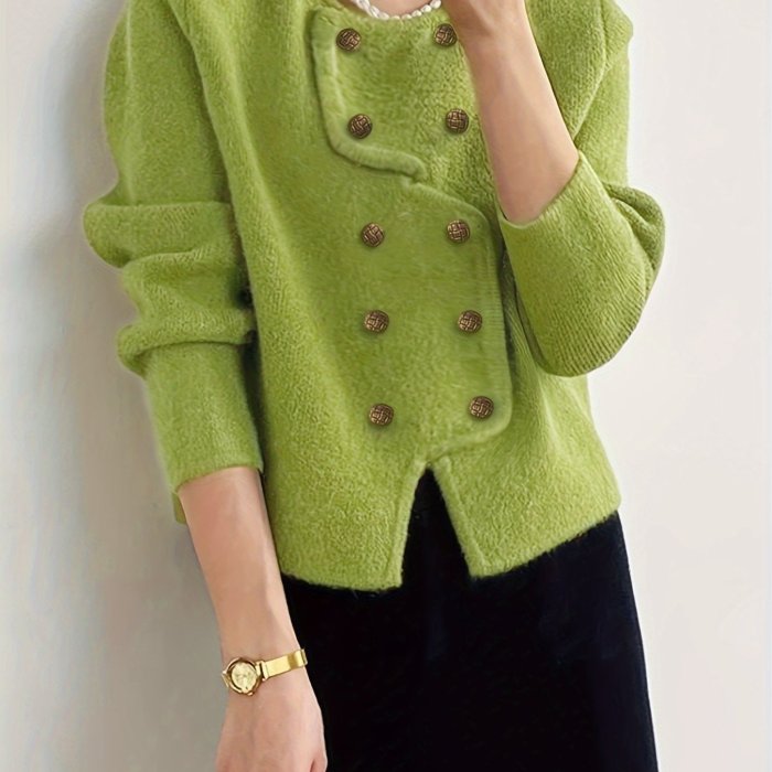 Solid Double Breasted Knit Cardigan, Elegant Long Sleeve Asymmetrical Sweater, Women's Clothing