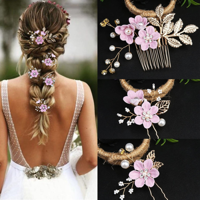 5 PCS Headpiece Golden Wedding Hair Accessories, Pearl Hair Clips, Bridal Flower Wedding Hair Pins, Jewelry with Rhinestone for Brides Bridesmaids Women, Christmas Halloween Wedding Gifts Romantic Lilac Purple