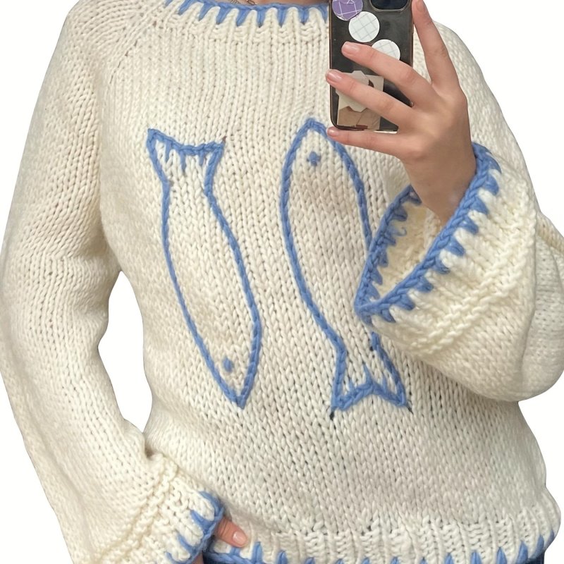 Women Knit Sweater Long Sleeve Crew Neck Fish Contrast Color Pullover Warm Sweater for Fall Winter