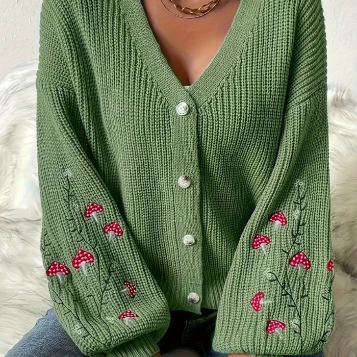 Cozy Plus Size Mushroom Embroidered Cardigan - Women Plus - Soft V Neck Lantern Sleeve Button Front Cardigan for Fall and Winter Fashion, Casual Comfortable Clothing for Curvy Women