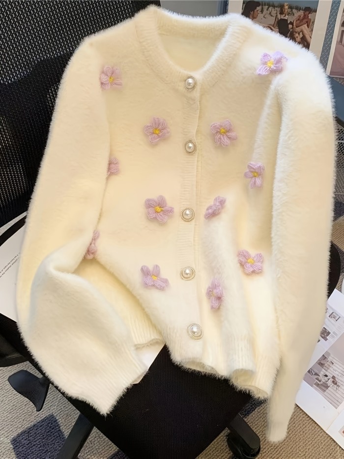 Chic Floral Embroidered Knit Cardigan - Cozy V-Neck, Long Sleeve Sweater for Women | Perfect for Fall & Winter