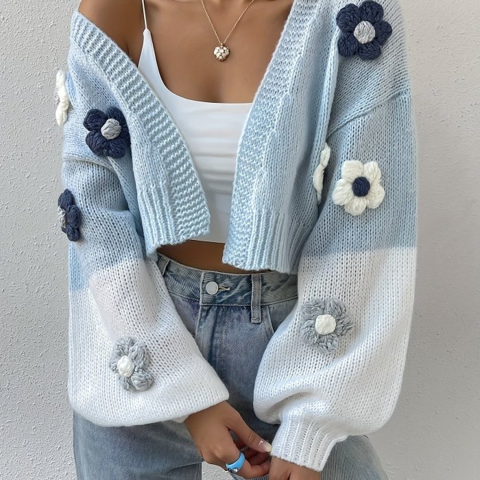 3D Floral Pattern Open Front Cardigans, Casual Color Block Drop Shoulder Long Sleeve Knitted Cardigans Top For Spring & Fall, Women's Clothing