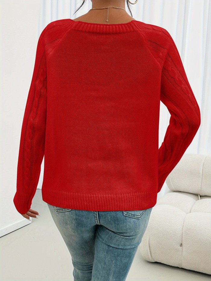 Cozy Long Sleeve Raglan Cable Knit Sweater - Soft Mid-Elastic Acrylic Fabric, Square Neck, Button Details, Regular Length, Solid Color, Perfect for Fall\u002FWinter - Casual Womens Knitwear for Everyday Wear