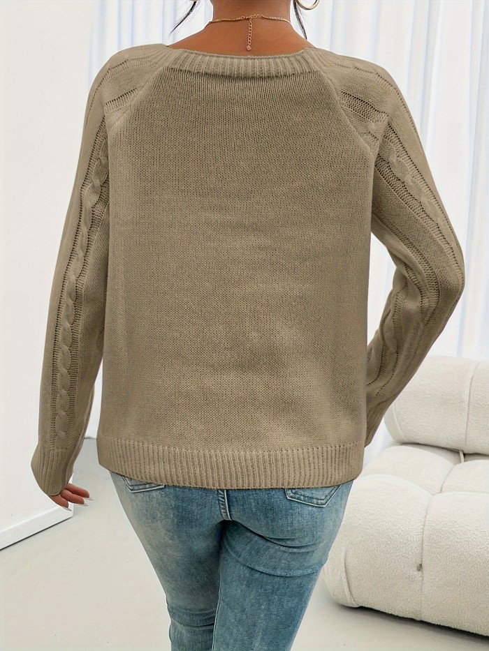 Cozy Long Sleeve Raglan Cable Knit Sweater - Soft Mid-Elastic Acrylic Fabric, Square Neck, Button Details, Regular Length, Solid Color, Perfect for Fall\u002FWinter - Casual Womens Knitwear for Everyday Wear