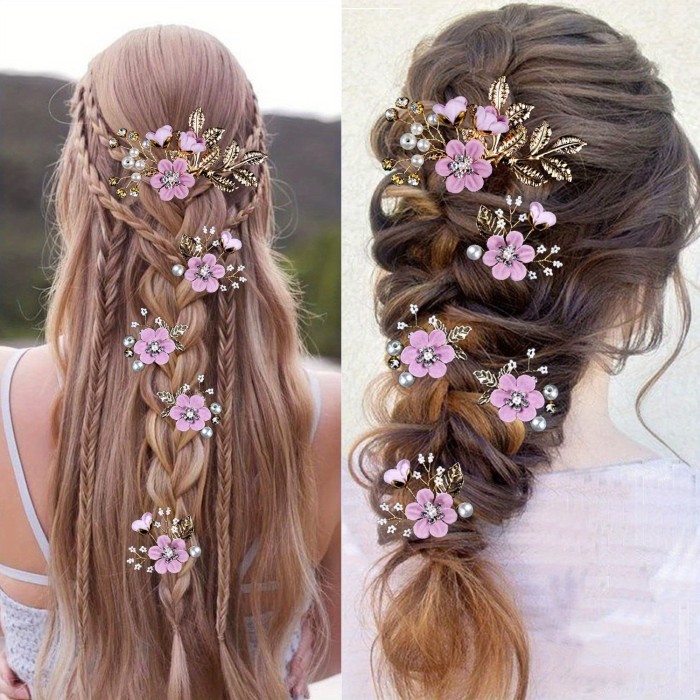 5 PCS Headpiece Golden Wedding Hair Accessories, Pearl Hair Clips, Bridal Flower Wedding Hair Pins, Jewelry with Rhinestone for Brides Bridesmaids Women, Christmas Halloween Wedding Gifts Romantic Lilac Purple