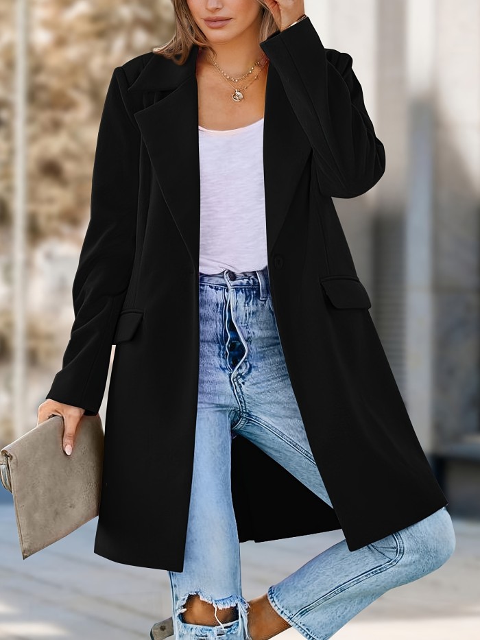 Solid Color Open Front Blazer, Elegant Lapel Neck Long Sleeve Loose Long Length Blazer For Spring & Fall, Women's Clothing