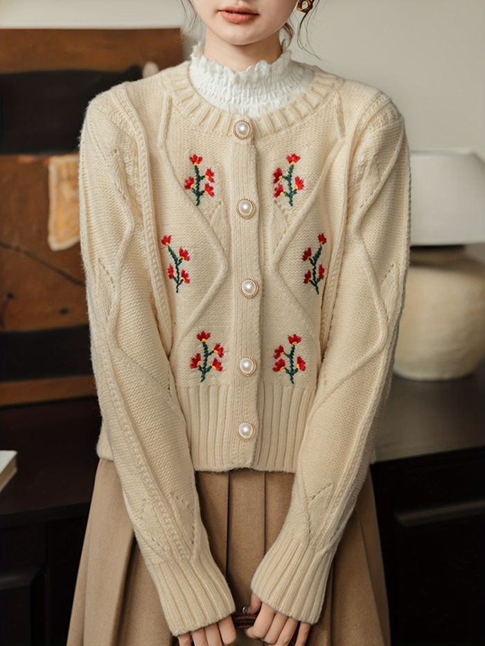 Floral Embroidery Crew Neck Cardigan, Casual Button Front Long Sleeve Cardigan For Fall, Women's Clothing