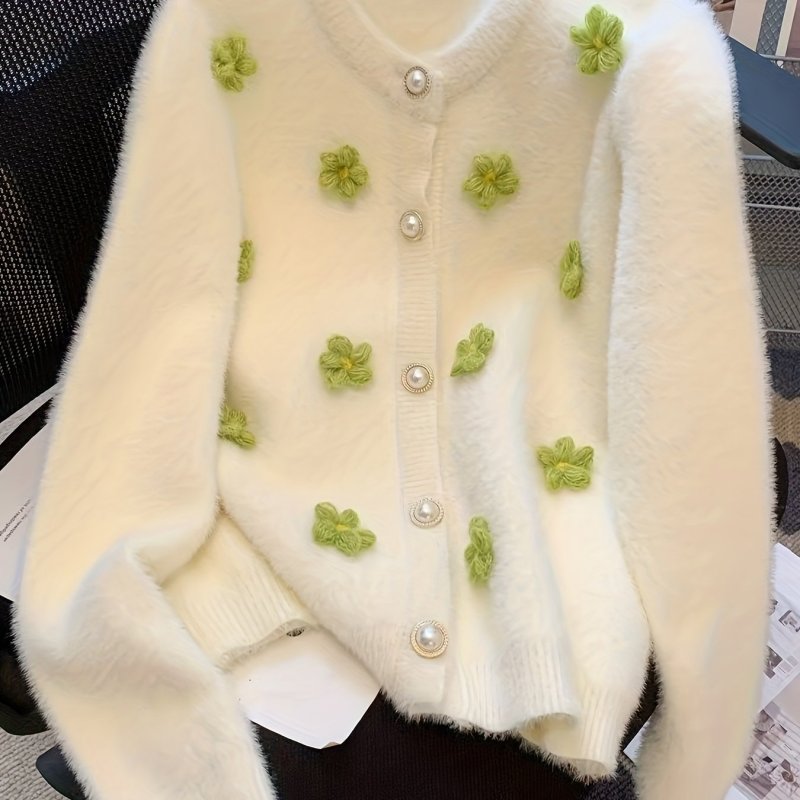 Chic Floral Embroidered Knit Cardigan - Cozy V-Neck, Long Sleeve Sweater for Women | Perfect for Fall & Winter
