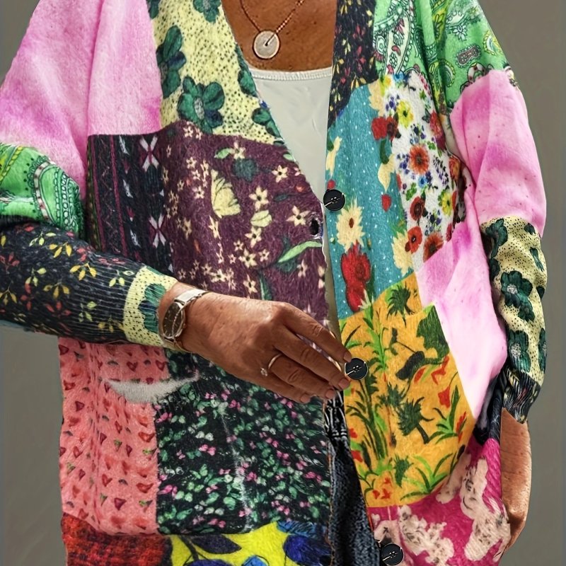 Plus Size Floral Pattern Knitted Cardigan, Casual Button Front Long Sleeve Cardigan With Pockets For Fall & Winter, Women's Plus Size Clothing