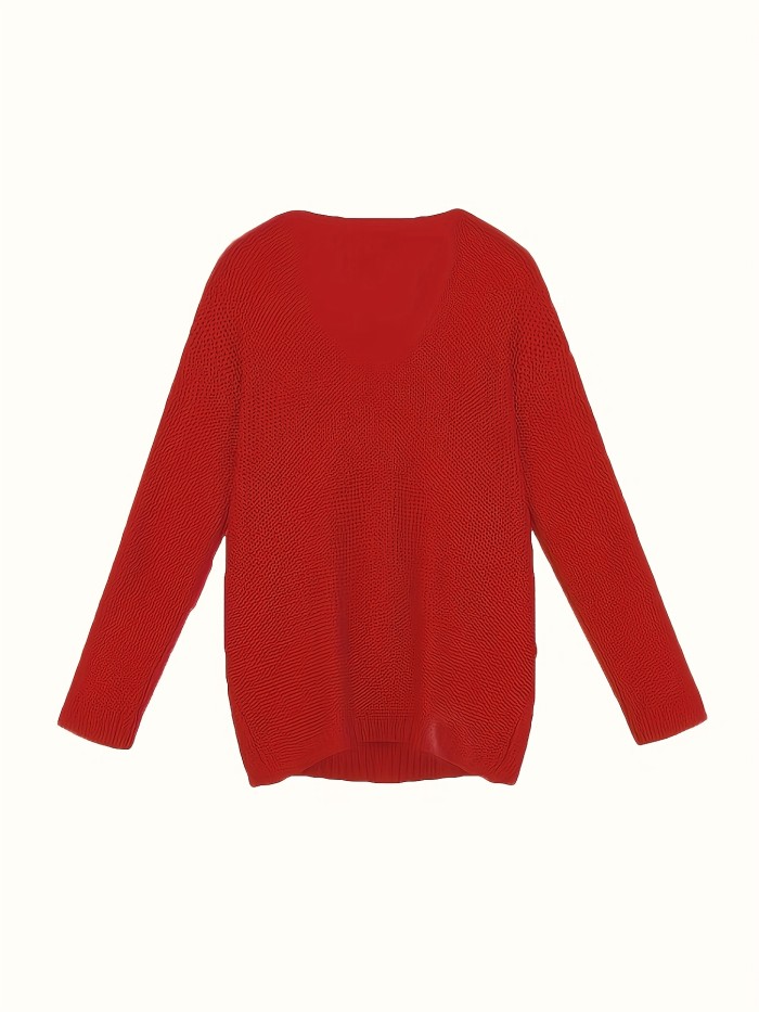 Chic V-Neck Knit Pullover - Cozy Long Sleeve for Spring & Autumn - Essential Womens Wear