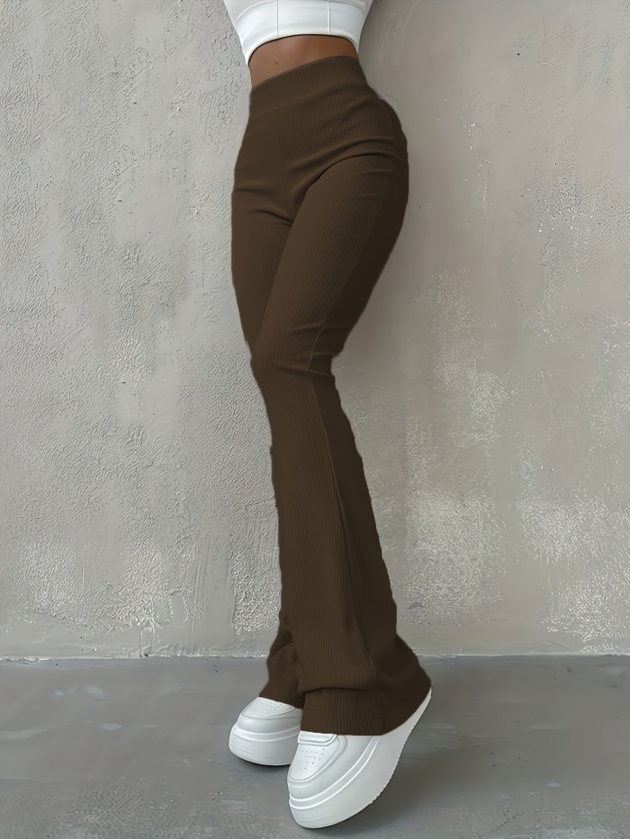 Solid Ribbed Flare Leg Pants, High Waist Slim Elastic Pants, Women's Clothing
