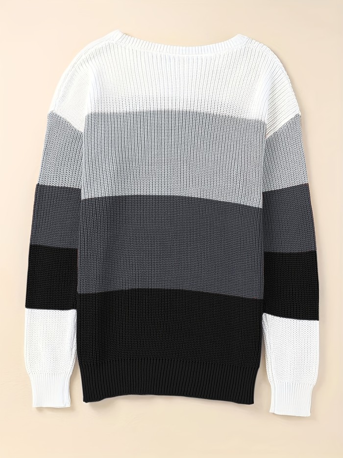 Vibrant Striped Knitwear Top - Soft Crew Neck Long Sleeve Pullover Sweater with Color Block Design, Relaxed Fit, and Cozy Fabric - Women's Casual Wear for Everyday Comfort