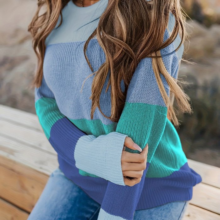 Vibrant Striped Knitwear Top - Soft Crew Neck Long Sleeve Pullover Sweater with Color Block Design, Relaxed Fit, and Cozy Fabric - Women's Casual Wear for Everyday Comfort
