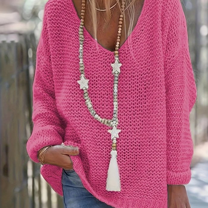 Chic V-Neck Knit Pullover - Cozy Long Sleeve for Spring & Autumn - Essential Womens Wear